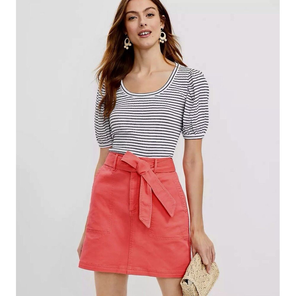 Ann Taylor LOFT Denim Mini Skirt Women‎ Size 2 Tie Waist Utility Pockets Orange